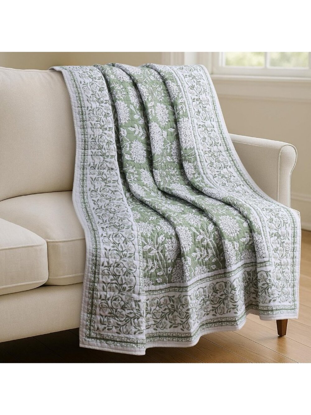 Floral Sage White Reversible Quilted Throw Blanket - 50x60in Cotton Home Decor